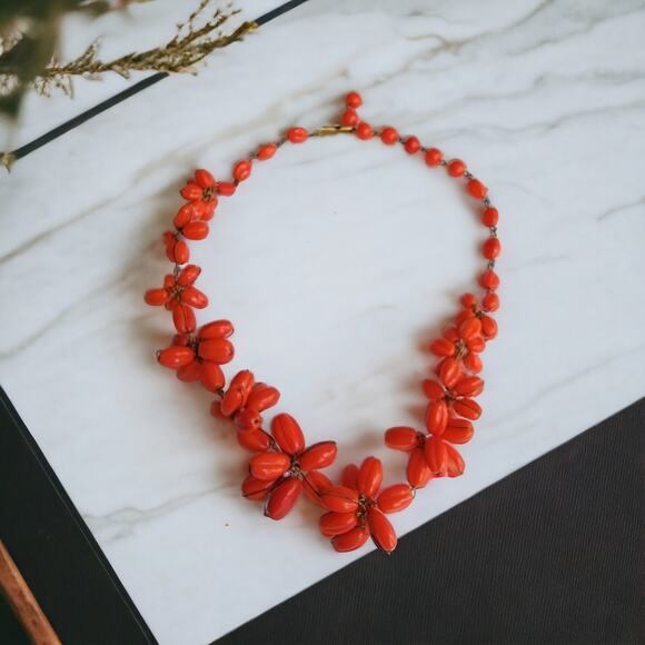 Red Flower Necklace - Vintage Beads - Signed M. West Germany - Picture 3 of 9